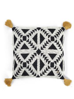 PLUCHI - Abstract Black, Natural & Mustard Cotton Knitted Decorative 16 x 16 Inches Cushion Cover