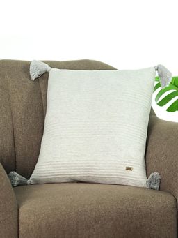 PLUCHI - Streak White Melange Cotton Knitted Quilted Cushion With Tassels 18 x 18 Inches Cushion Cover