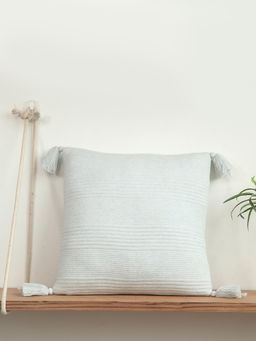 PLUCHI - Streak Blue Melange Cotton Knitted Quilted Cushion With Tassels 18 x 18 Inches Cushion Cover