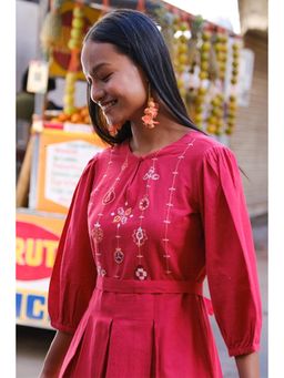 Okhai - Red Velvet Suf Embroidered Hand-Woven Cotton Dress