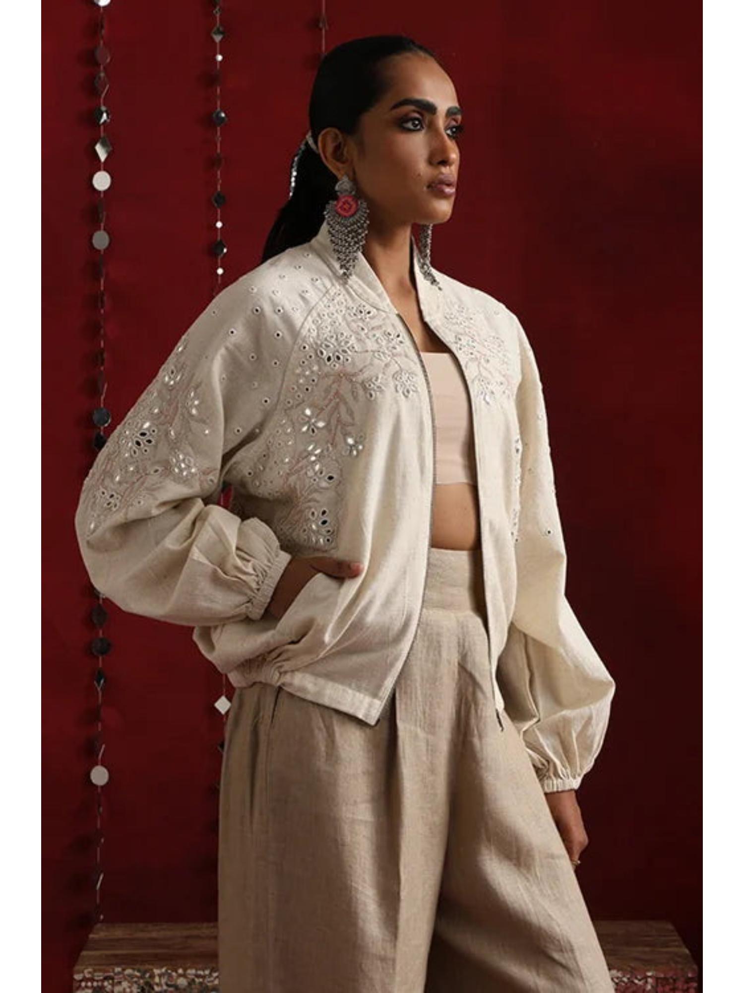 Thousand Mirrors Hand-Embroidered Off White Pure Cotton Bomber Jacket-image-40