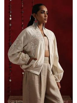 Okhai - Thousand Mirrors Hand-Embroidered Off White Pure Cotton Bomber Jacket