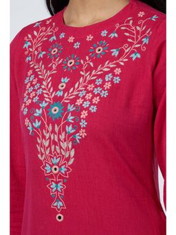 Okhai - Pink Pure Cotton Thread Work A-Line Dress