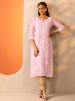The Chikan Label - Baby Pink Vira Cotton Chikankari Straight Kurta with Inner