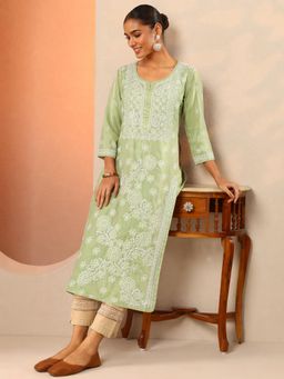 The Chikan Label - Green Vira Cotton Chikankari Straight Kurta with Inner