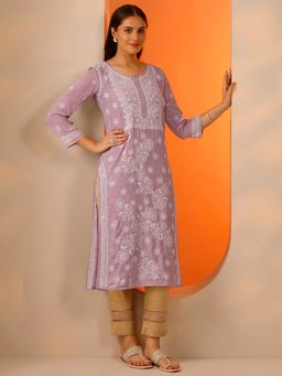 The Chikan Label - Purple Vira Cotton Chikankari Straight Kurta with Inner