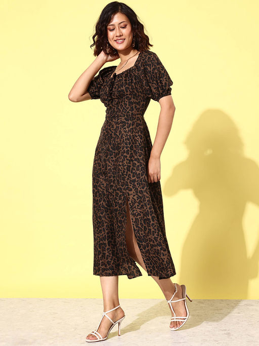 animal ladies dresses Womens Dresses Animal Print A Line Dress Buy ANVI Be Yourself Animal Print Tie-Up Neck Puff Sleeve Crepe A