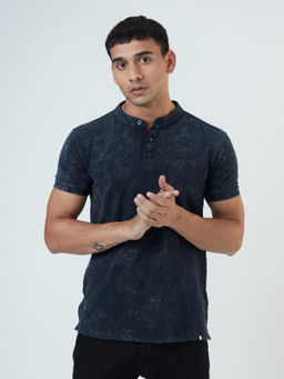 The Souled Store - Solid Blue (acid Wash) Mandarin T-Shirt for Mens