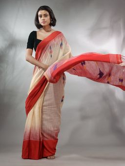 CHARUKRITI - Cream Cotton Handspun Handwoven Saree with Ikkat Design & Unstitched Blouse