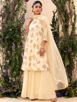 Indya - Varun Bahl X Indya Ivory Floral Foil Print Kurta With Palazzo Pants And Dupatta (Set of 3)