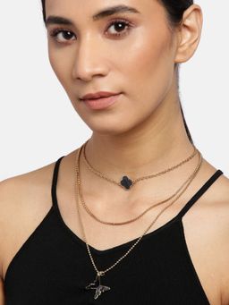 Blueberry - Gold Plated Chain Layered Butterfly Pendant Detailing Necklace