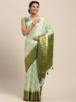 Mimosa - Women's Kanjivaram Crepe Green Saree with Unstitched Blouse