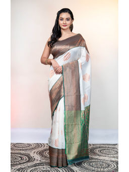 Boveee - Off White Banarasi Soft Silk Saree with Jacquard Border