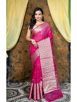 Boveee - Pink Organza Saree with Square Motifs and Ambi Jaal Border