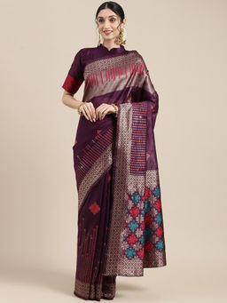 Sareemall - Womens Silk Blend Purple Woven Design Saree with Unstitched Blouse