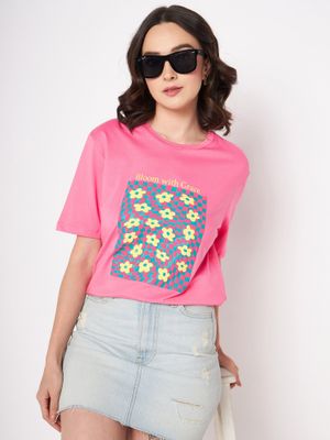 Pink Print Round Neck Top