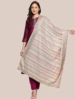 Dupatta Bazaar - Women's Blush Pink Striped Sequence & Pastel Embroidery Dupatta