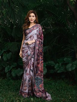 Beatitude - Grey Purple Floral Silk Blend Saree with Unstitched Blouse