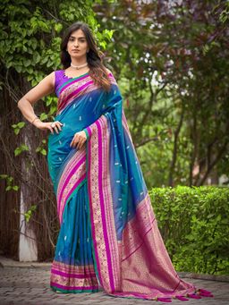 Manohari - Trendy Banarasi Satin Silk Woven Teal Saree with Unstitched Blouse