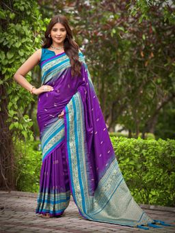 Manohari - Trendy Banarasi Satin Silk Woven Purple Saree with Unstitched Blouse