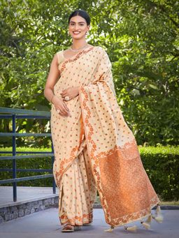 Manohari - Trendy Banarasi Satin Silk Woven Beige Saree with Unstitched Blouse