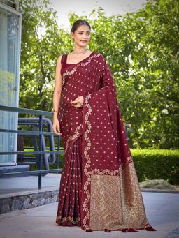 Manohari - Trendy Banarasi Satin Silk Woven Maroon Saree with Unstitched Blouse