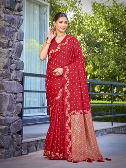 Manohari - Trendy Banarasi Satin Silk Woven Red Saree with Unstitched Blouse