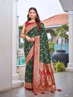 Manohari - Trendy Banarasi Satin Silk Woven Green Saree with Unstitched Blouse