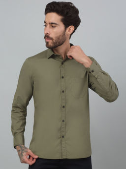 Cantabil - Men Olive Green Solid Full Sleeves Casual Shirt