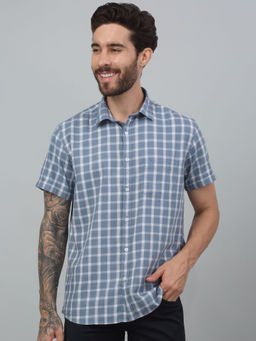 Cantabil - Men Blue Checks Half Sleeves Casual Shirt