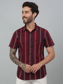 Cantabil - Men Red Striped Half Sleeves Casual Shirt