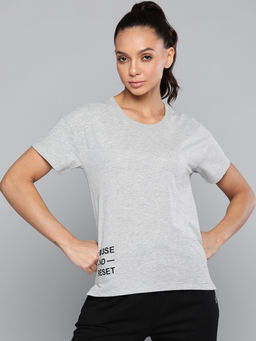Alcis - Women Grey Melange Typography Printed Slim Fit T-shirt