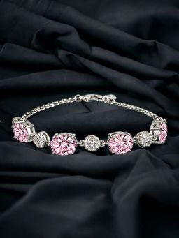 Designs & You - Silver Plated Cz Studded Anti Tarnish Ice Cut Pink Oval Shape Wraparound Bracelet