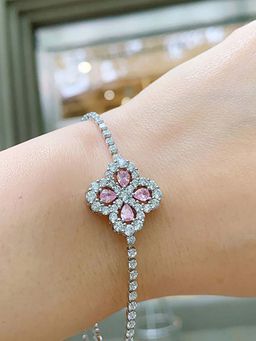 Designs & You - Silver Plated Cz Studded Anti Tarnish Ice Cut Pink Clover Irish Design Bracelet