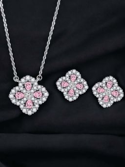 Designs & You - Silver Plated Cz Studded Anti Tarnish Pink Clover Necklace Set