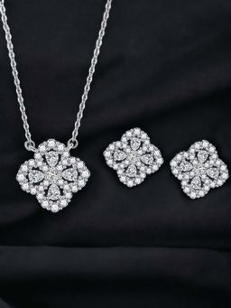 Designs & You - Silver Plated Cz Studded Anti Tarnish White Clover Necklace Set