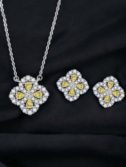 Designs & You - Silver Plated Cz Studded Anti Tarnish Yellow Clover Necklace Set