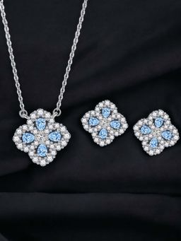 Designs & You - Silver Plated Cz Studded Anti Tarnish Blue Clover Necklace Set