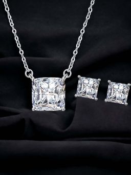 Designs & You - Silver Plated Cz Studded Anti Tarnish White Geometric Square Shaped Necklace Set