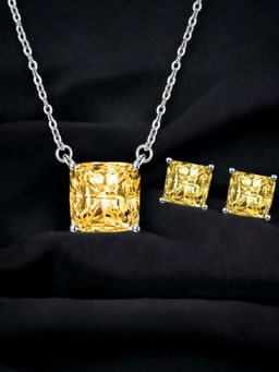 Designs & You - Silver Plated Cz Studded Anti Tarnish Yellow Geometric Square Shaped Necklace Set