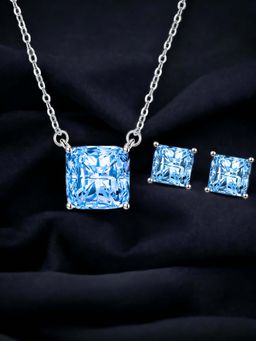 Designs & You - Silver Plated Cz Studded Anti Tarnish Blue Geometric Square Shaped Necklace Set