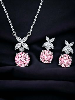Designs & You - Silver Plated Cz Studded Anti Tarnish Pink Contemporary Round Shape Necklace Set