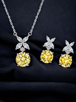 Designs & You - Silver Plated Cz Studded Anti Tarnish Yellow Contemporary Round Shape Necklace Set