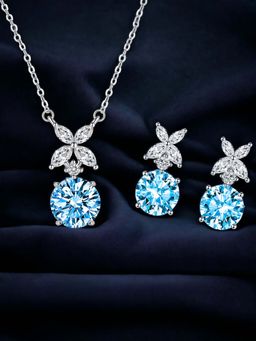 Designs & You - Silver Plated Cz Studded Anti Tarnish Blue Contemporary Round Shape Necklace Set
