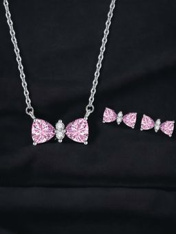 Designs & You - Silver Plated Cz Studded Anti Tarnish Pink Bow Design Necklace Set