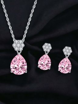 Designs & You - Silver Plated Cz Studded Anti Tarnish Pink Teardrop Shape Necklace Set