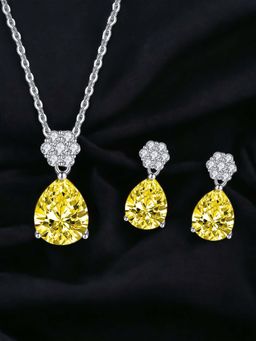 Designs & You - Silver Plated Cz Studded Anti Tarnish Yellow Teardrop Shape Necklace Set