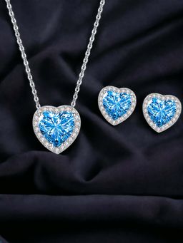 Designs & You - Silver Plated Cz Studded Anti Tarnish Blue Heart Shape Necklace Set