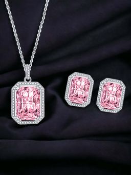 Designs & You - Silver Plated Cz Studded Anti Tarnish Pink Geometric Rectangular Jewellery Set