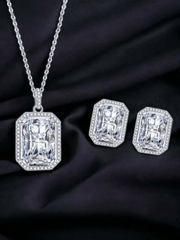 Designs & You - Silver Plated Cz Studded Anti Tarnish White Geometric Rectangular Jewellery Set